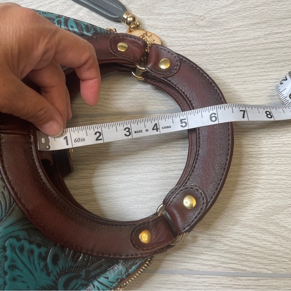 Artesanal Hand Tooled & Painted Vegan Leather Handbag Clutch Brown Turquoise - Picture 13 of 15